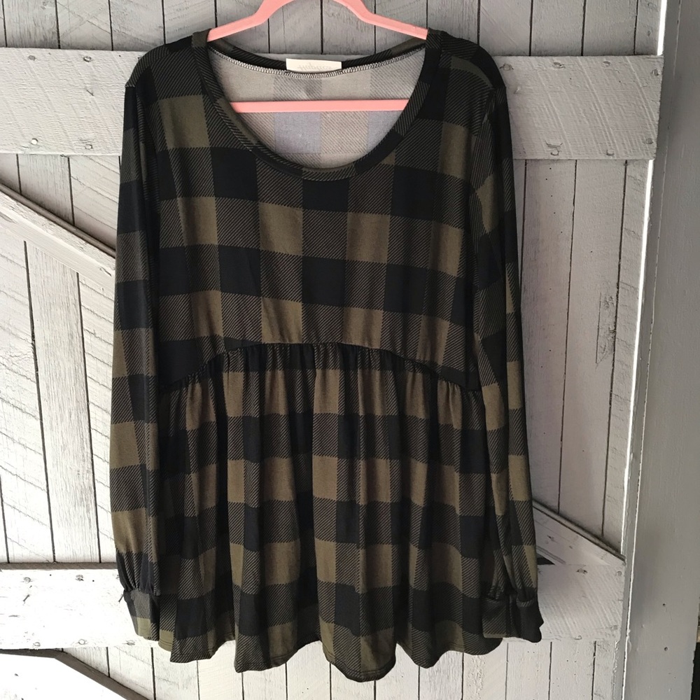 Boutique Olive Buffalo Plaid Hacci Knit Top